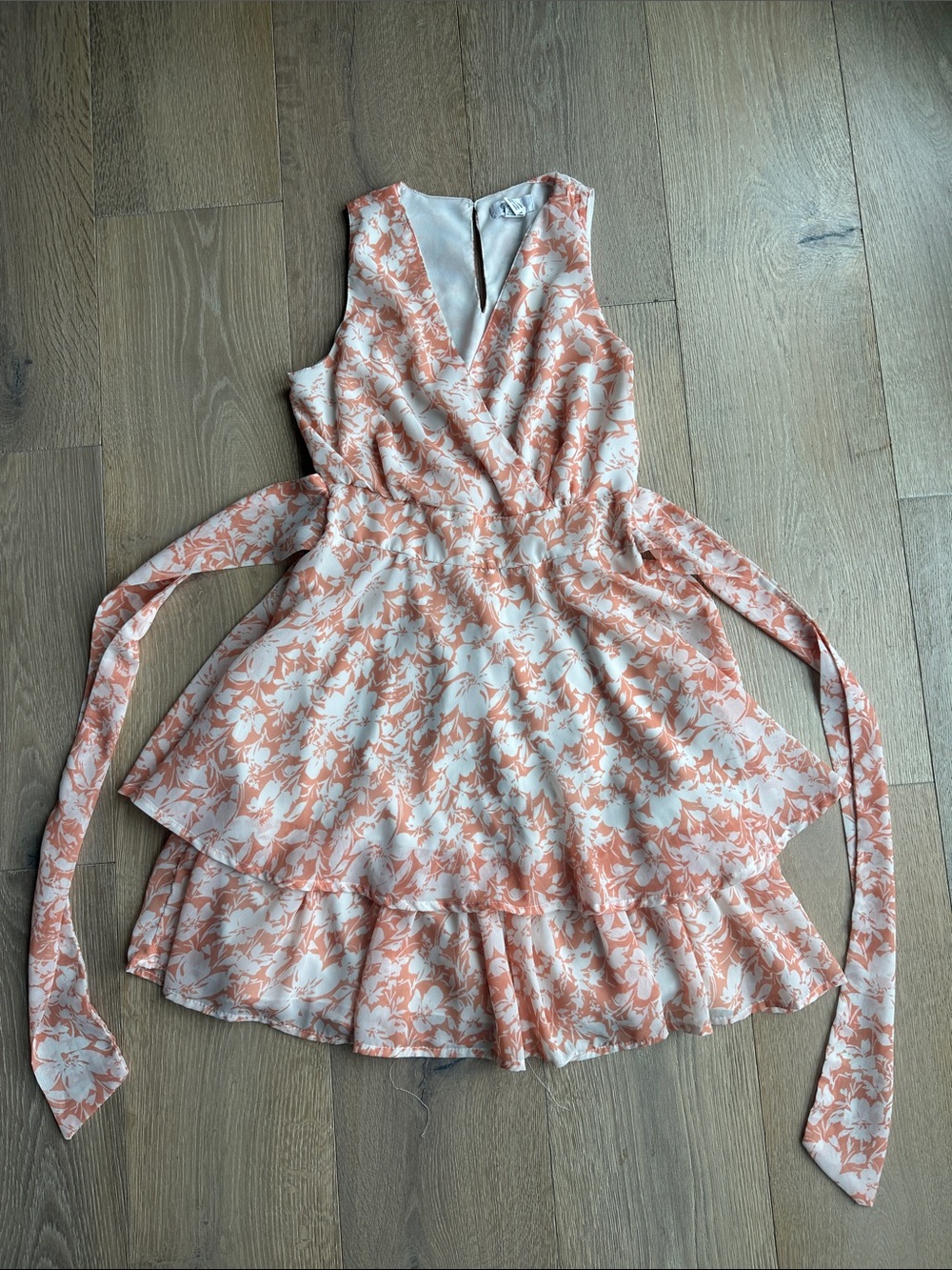 Sleeveless Floral Wrap Mini Dress in Peach and White